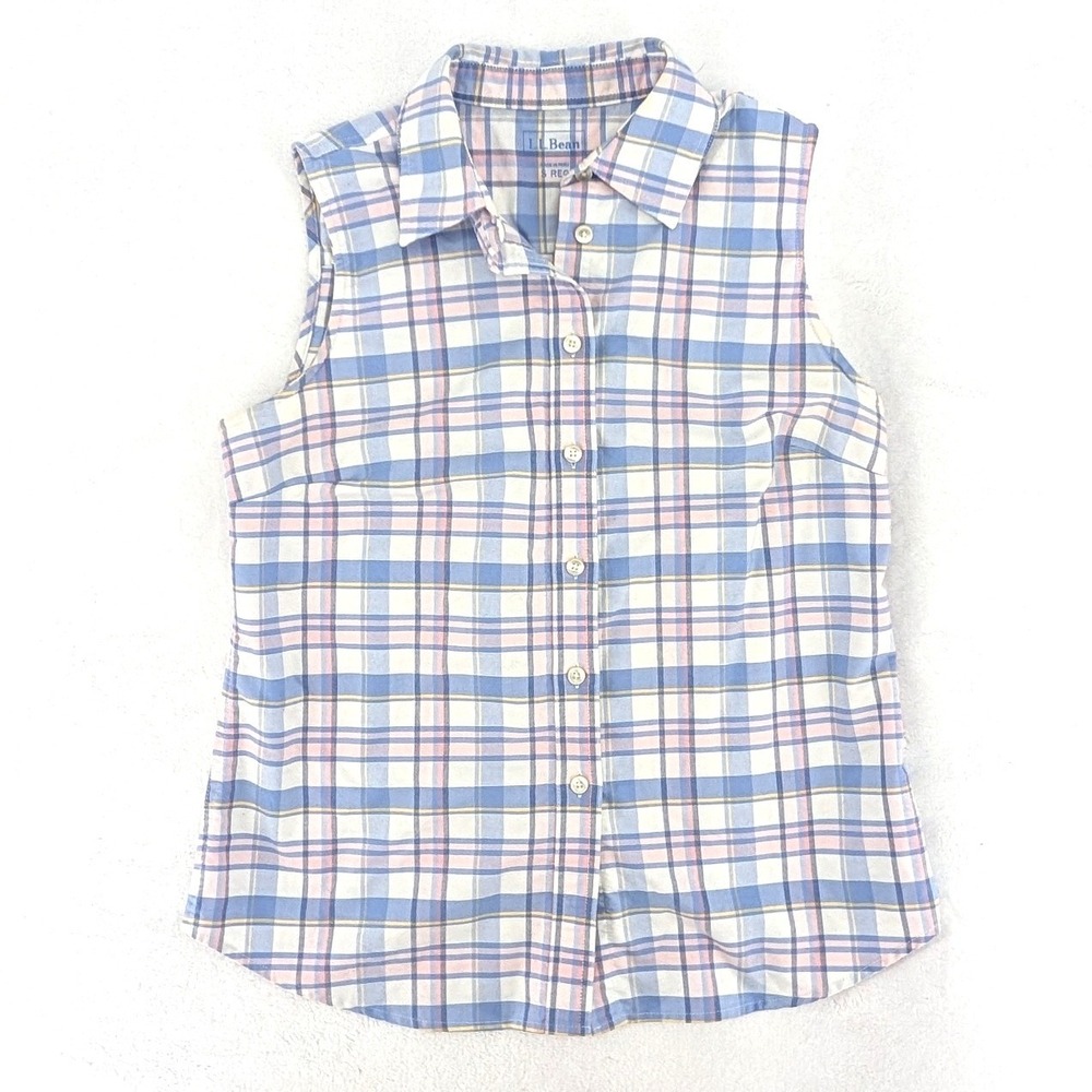 L.L. Bean Sleeveless Plaid Button Down Shirt Blue Pink Small Regular